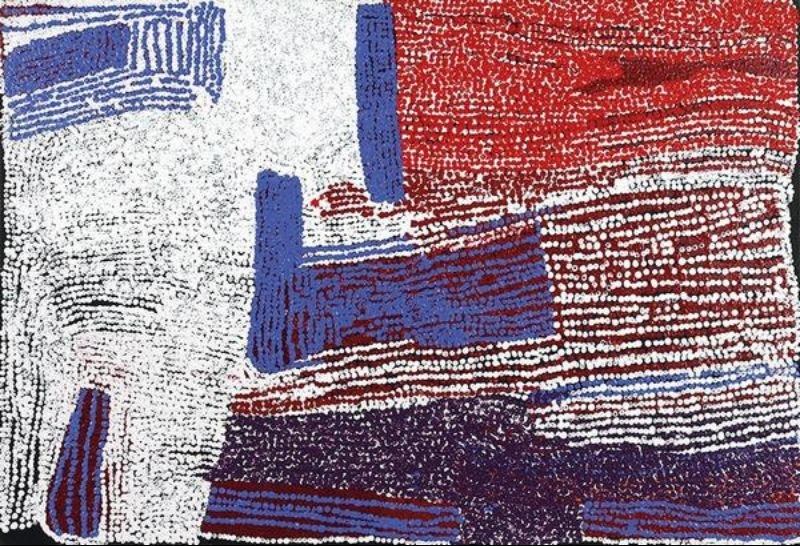 Iyarka (2005) by Tommy Watson, synthetic polymer paint on Belgian linen featuring bold fields of crimson, white, indigo and violet with rhythmic dotted bands representing the sacred site of Iyarka.