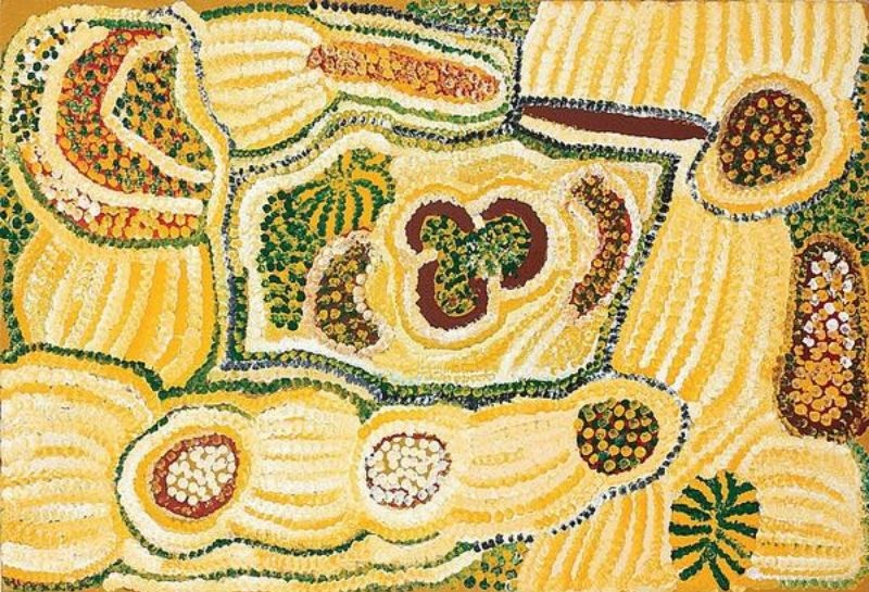 Parwalla (1999) by Elizabeth Nyumi, acrylic on linen depicting the sweeping sandhills, bush food sites and ancestral Country of Parwalla in the Great Sandy Desert.