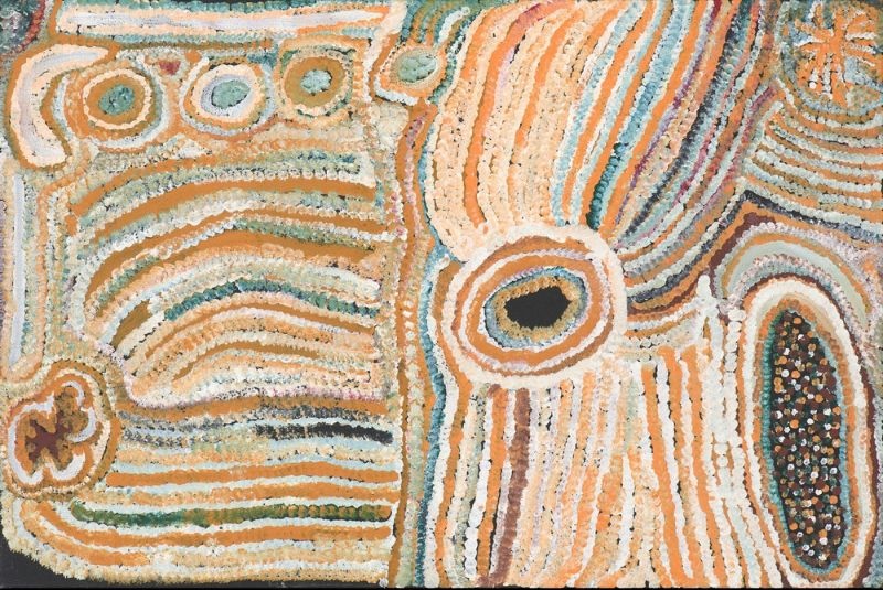 Minyilli, Near Kiwirrkurra, Western Australia (1997) by Elizabeth Nyumi, synthetic polymer paint on linen depicting sandhills, rockholes and bush seed Country in the Great Sandy Desert.