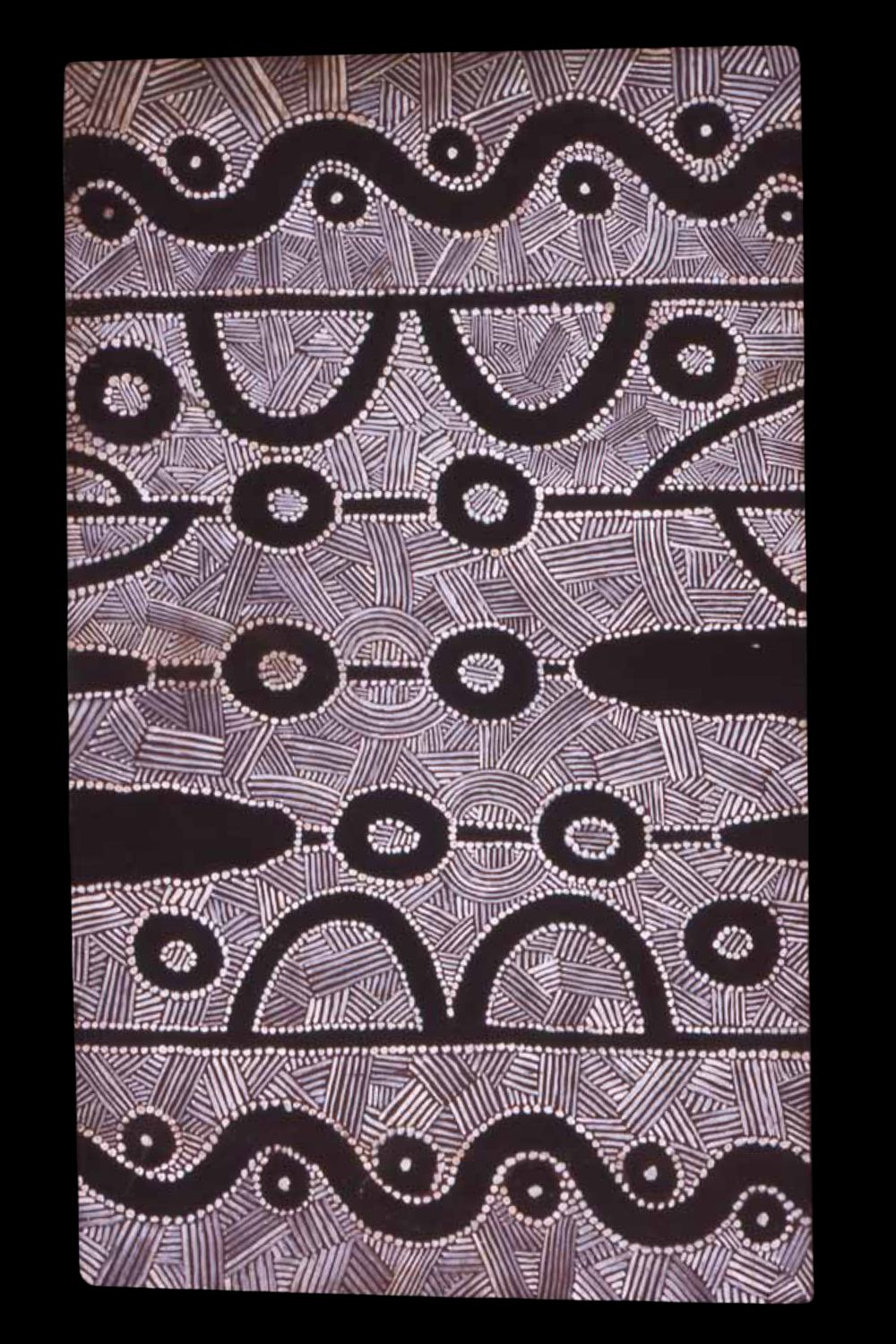 Early Papunya Board by Clifford Possum Tjapaltjarri depicting Tingari Dreaming, painted on composition board with acrylic paint, c. 1971.