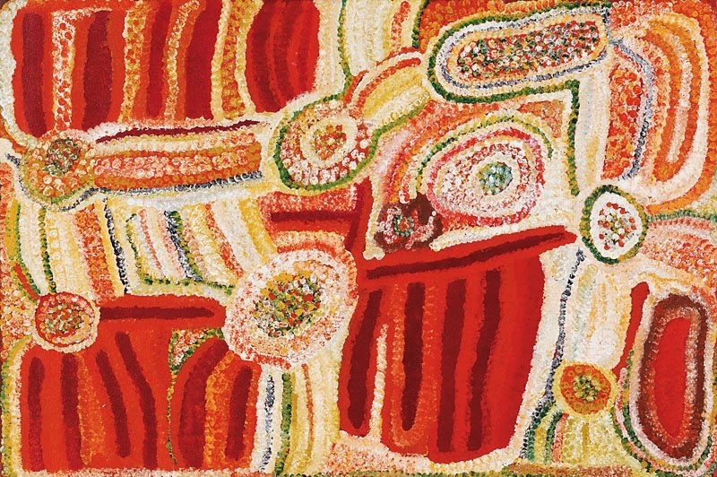 My Country (1998) by Elizabeth Nyumi, synthetic polymer paint on linen depicting sandhills, rockholes and bush food sites in the Great Sandy Desert.