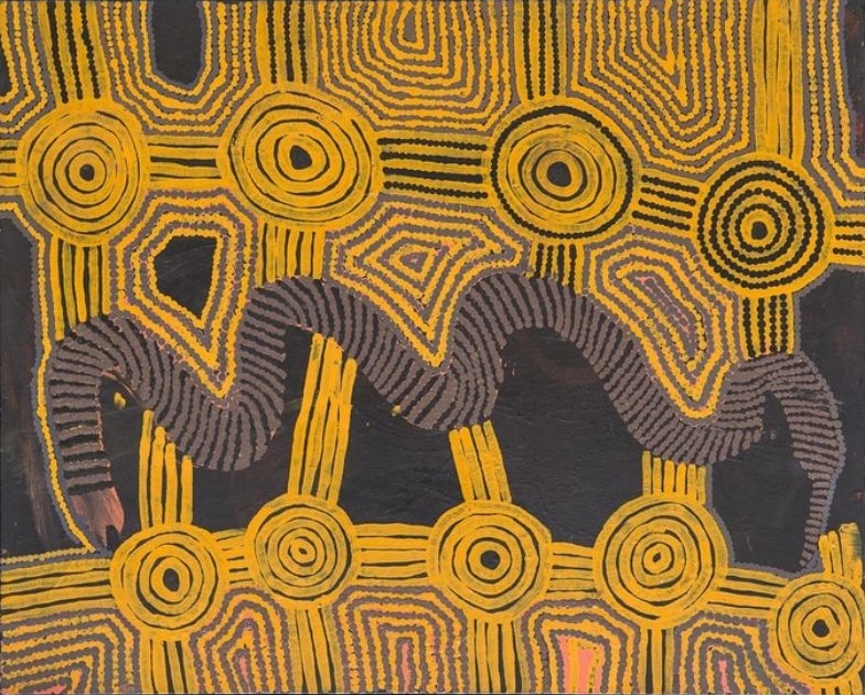Untitled by Warlimpirrnga Tjapaltjarri, 1989, synthetic polymer paint on canvas board depicting concentric circles, parallel Tingari designs and a sinuous ancestral path in yellow, black and grey.