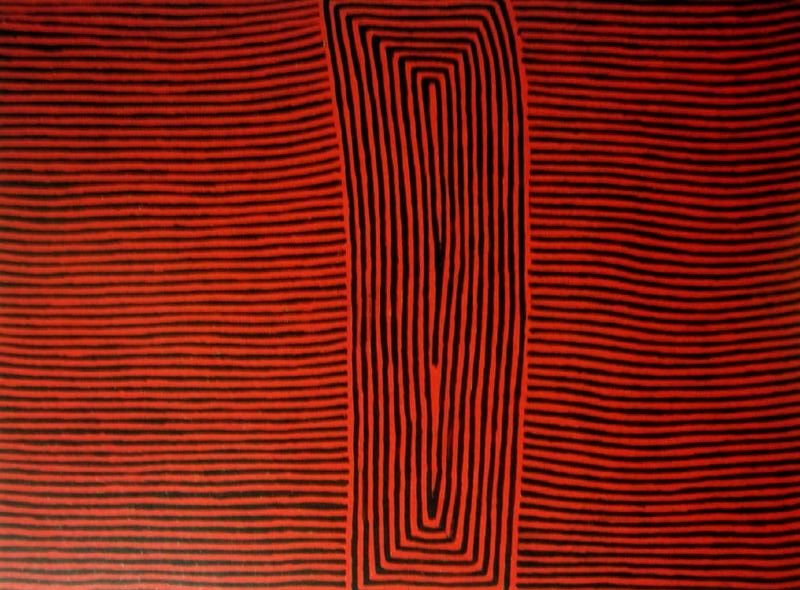 George Tjungurrayi Men's Story – Tingari 1999 Papunya Tula painting with a tall black geometric Tingari form on a vivid red background of fine parallel lines