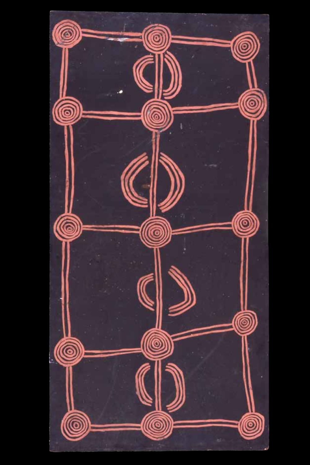 Early Papunya Board by Timmy Payungka Tjapangati depicting a Tingari Dreaming, painted on composition board with acrylic paint, c. 1971.