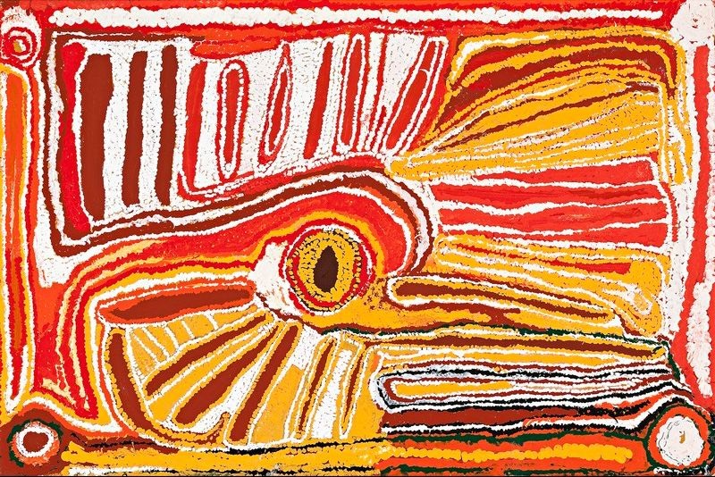Widji Rockhole by Eubena Nampitjin, 1995 acrylic painting from Balgo, Western Australia