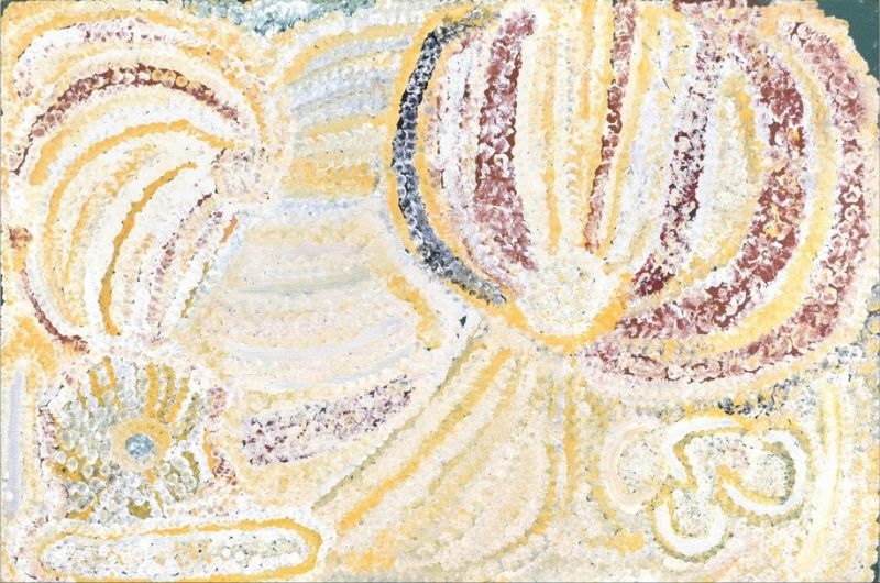 Untitled (1998) by Elizabeth Nyumi, acrylic on linen depicting flowing sandhills, rockholes and ancestral Country in soft cream and ochre tones.