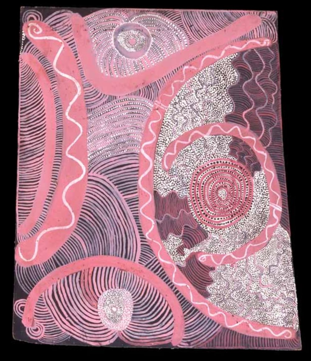 Early Papunya Board by Shorty Lungkata Tjungurrayi depicting a Tingari Story, painted with acrylic on composition board, c. 1971–1972.