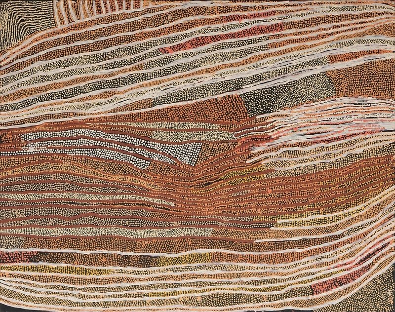 Naata Nungurrayi painting Marrapinti (2005), featuring sweeping horizontal sandhill bands in ochre, cream, pink and brown, rendered with finely dotted lines across the Western Desert landscape.