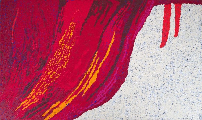 Wati Kutjara (Two Lizard Men Dreaming) (2011) by Tommy Watson, synthetic polymer paint on linen featuring sweeping crimson, magenta and ochre forms against a luminous white field representing the Two Lizard Men Dreaming.