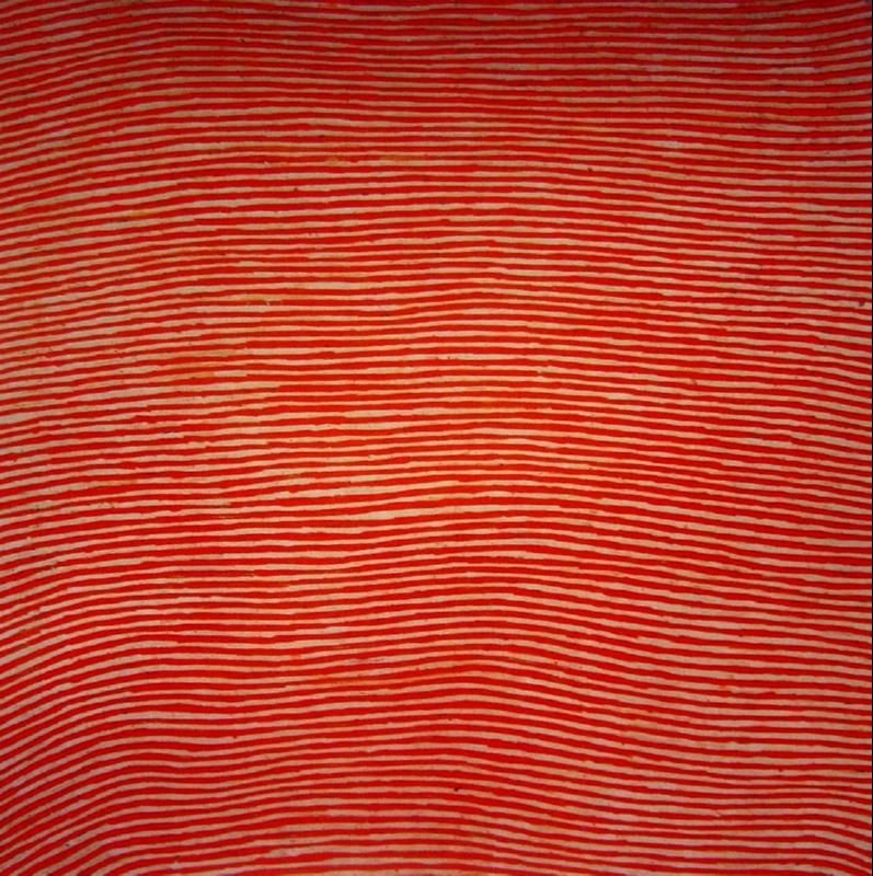 George Tjungurrayi Sandhill Country 2001 Papunya Tula painting with fine red parallel lines flowing across a warm cream background