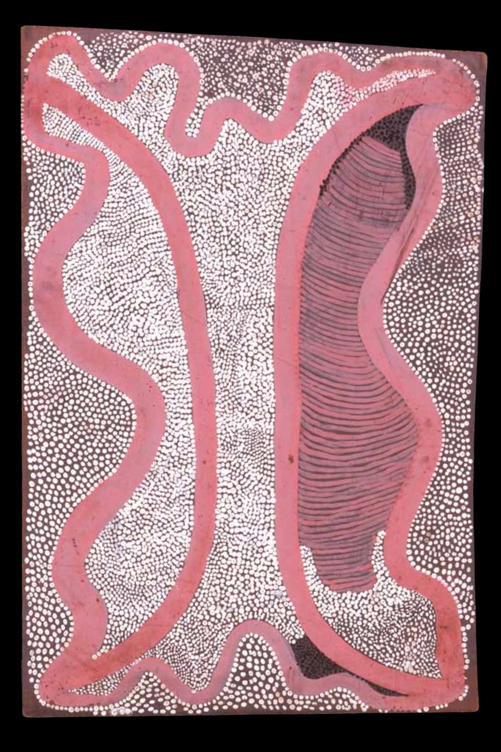 Early Papunya Board depicting a Tingari Dreaming, painted with acrylic on composition board, c. 1972.