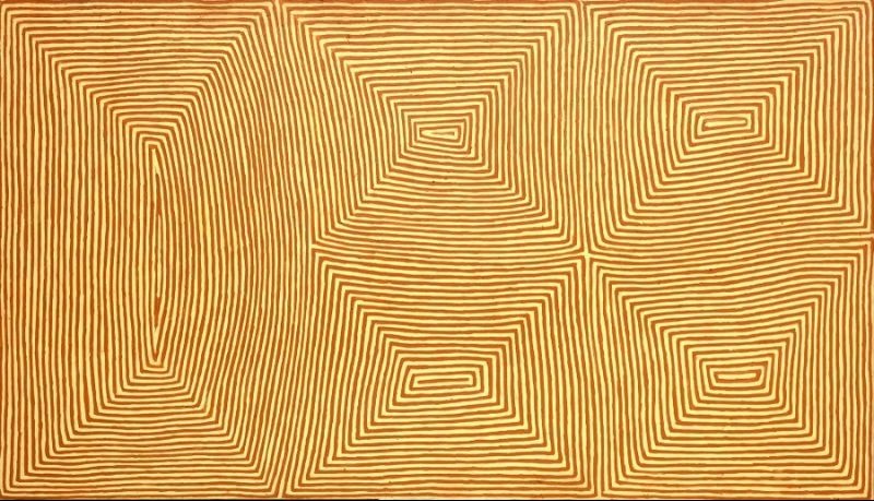 George Tjungurrayi Tingari c.2001 Papunya Tula painting with five geometric cream rockholes formed by fine golden-brown parallel lines