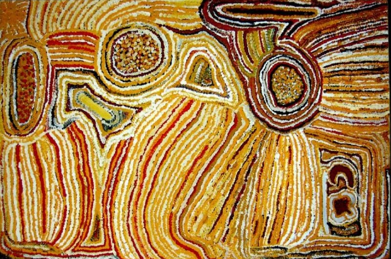 Hunting at Wirripi Rockhole (1997) by Elizabeth Nyumi, synthetic polymer paint on canvas depicting sandhills, rockholes and hunting grounds around Wirripi in the Great Sandy Desert.