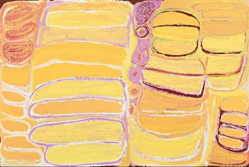 Soakwaters on the Canning Stock Route by Eubena Nampitjin showing pale yellow and ochre sandhill forms, linked waterholes and soft mauve contours in the Balgo painting style.