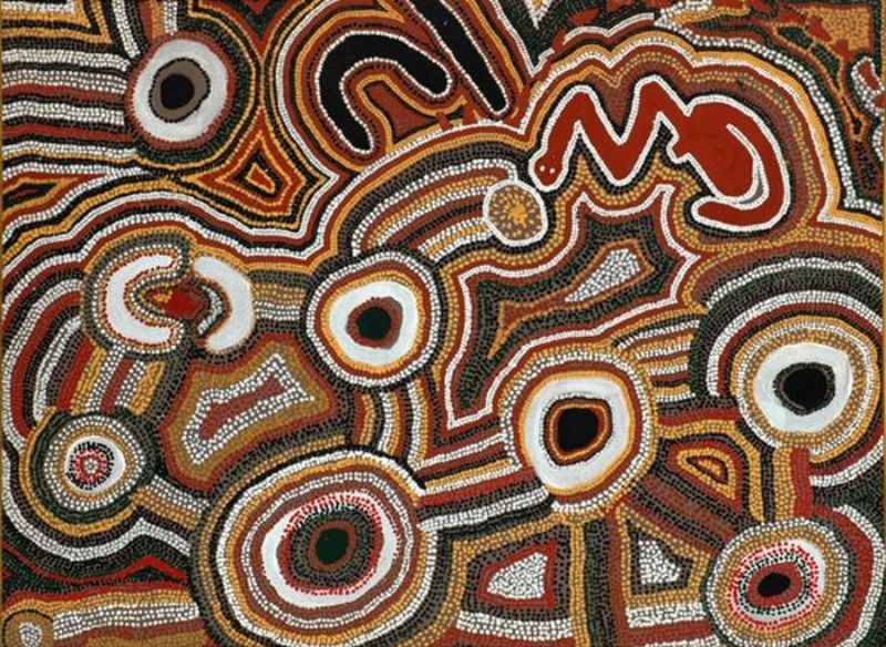 Snake Dreaming (1990) by Elizabeth Nyumi, acrylic on canvas depicting ancestral snake tracks, rockholes and Dreaming sites in the Balgo style.