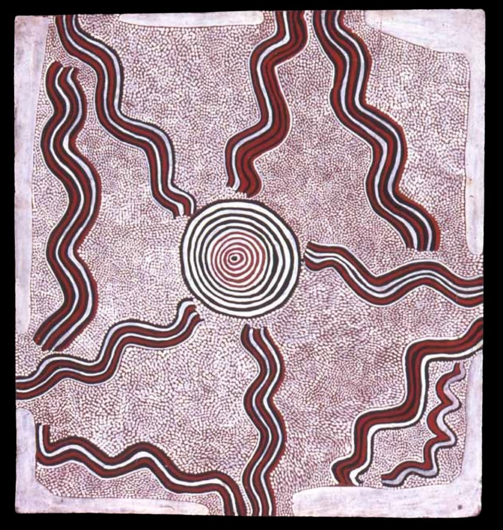 Early Papunya Board depicting a Tingari Story by an unknown artist, painted on composition board with acrylic paint, c. 1972.