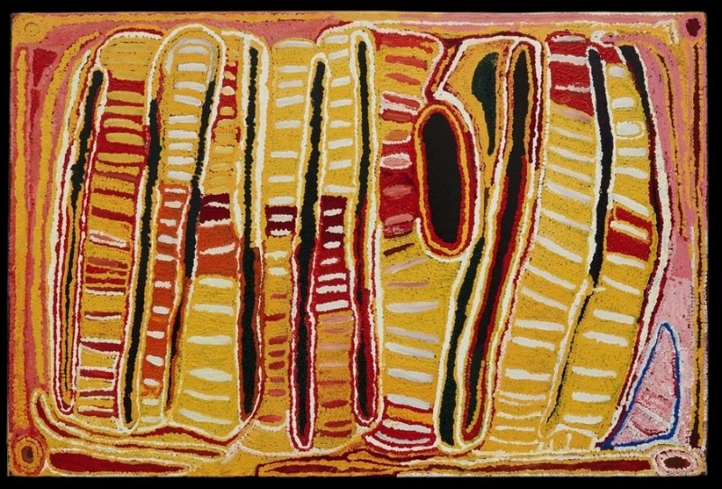 Near Jupiter Well in the Great Sandy Desert by Eubena Nampitjin, 1995 acrylic painting from Balgo, Western Australia.