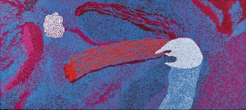 Walunja (2014) by Tommy Watson, synthetic polymer paint on linen featuring expansive blue and violet colour fields with flowing crimson pathways and white abstract forms representing Western Desert Country.