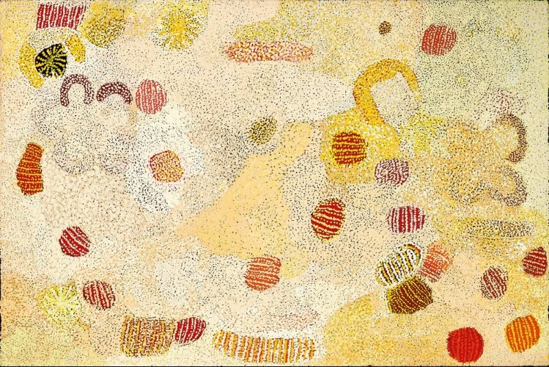 Parwalla (2002) by Elizabeth Nyumi, synthetic polymer paint on Belgian linen in white, cream, pale ochre, yellow, gold, orange, red, pink and burgundy depicting the sandhills, spinifex, bush foods and women of Parwalla in the Great Sandy Desert.