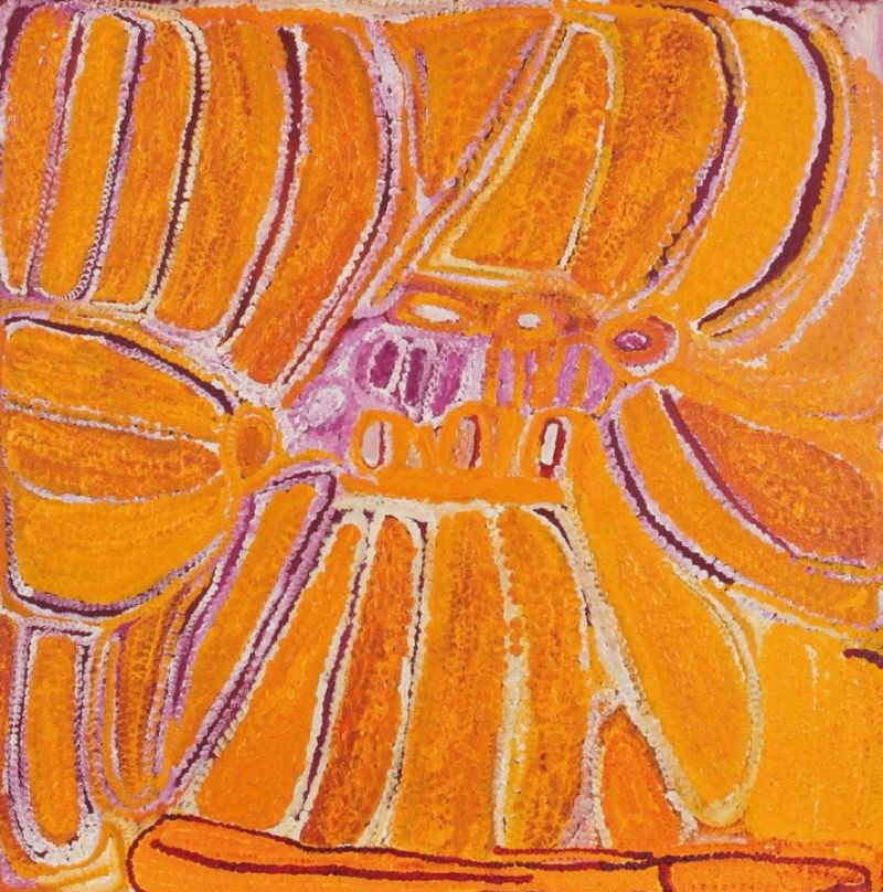 Tjurlkurlu by Eubena Nampitjin showing vibrant orange and golden sandhill forms, linked rockholes and soakwaters with mauve and white dotted contours in the Balgo painting style.