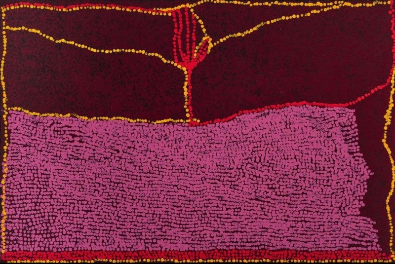 My Country (2014) by Tommy Watson, acrylic on linen featuring a vast field of pink dotting beneath deep maroon colour fields intersected by fine ochre and red ancestral pathways.