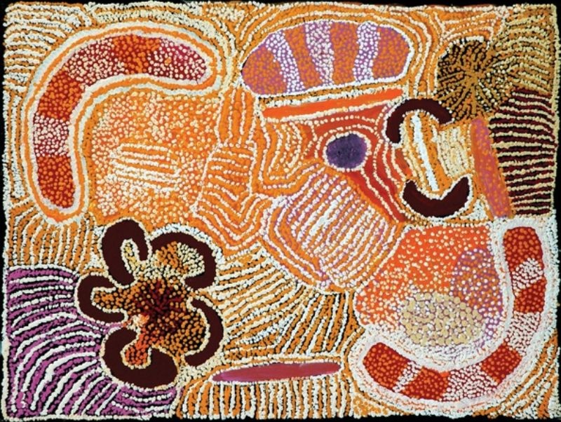 Parwalla (2000) by Elizabeth Nyumi, acrylic on artboard featuring flowing cream, orange, ochre, mauve and brown sandhill forms with bush food sites representing Parwalla in the Great Sandy Desert.