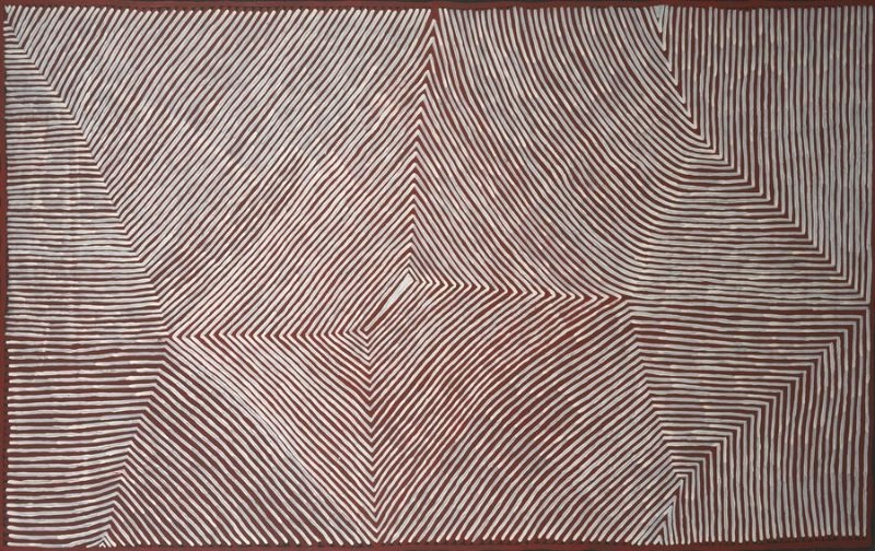 George Tjungurrayi Tingari Cycle 2005 painting with bold reddish-brown parallel lines radiating from a central cross across a pale cream background