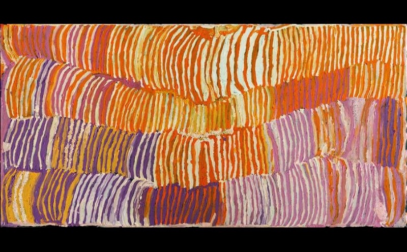 Untitled [The Travels of Kungka Kutjarra (Two Women)] by Makinti Napanangka, 2001, synthetic polymer paint on linen, 122 × 61 cm.