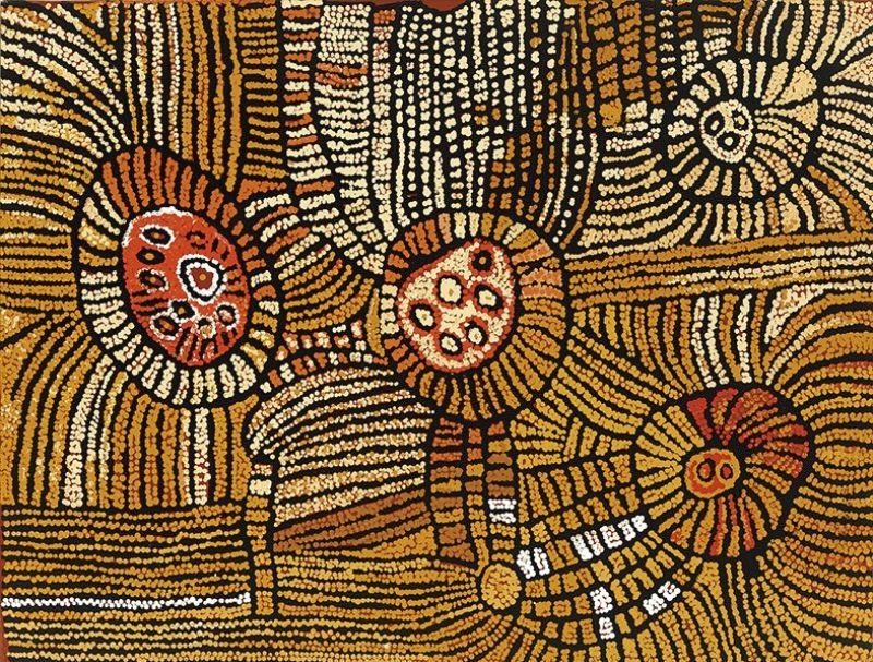 Naata Nungurrayi painting Tingari Women's Law, featuring concentric ceremonial sites linked by flowing striped bands in black, white, ochre and red on a rich ochre ground.
