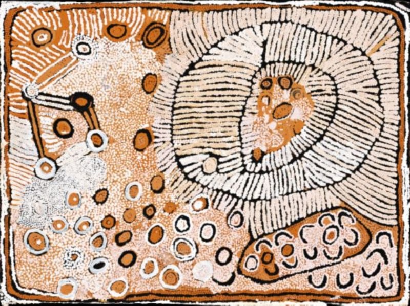 Naata Nungurrayi painting Marrapinti (2000), depicting the Marrapinti rockhole, surrounding sandhills and ceremonial sites in white, ochre, black and cream on a warm desert-coloured ground.