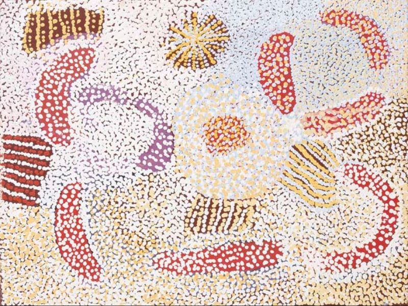 Parwalla (2002) by Elizabeth Nyumi, synthetic polymer paint on linen in white, cream, pale ochre, red, burgundy, mauve, lavender, yellow and brown depicting the sandhills, spinifex and bush food Country of Parwalla in the Great Sandy Desert.