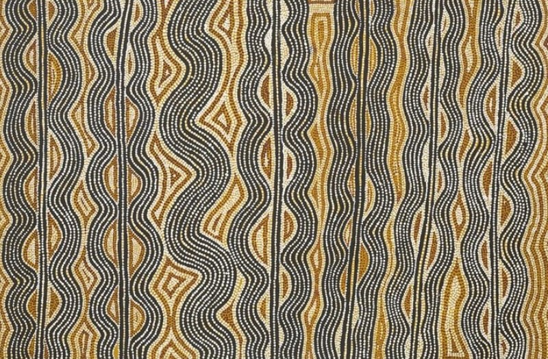 Untitled (Designs Associated with the Site of Tarkul) by Warlimpirrnga Tjapaltjarri, 1998. A horizontal painting filled with vertical bands of flowing dotted lines in black, white and golden ochre. The bands gently weave from side to side, enclosing elongated diamond and oval shapes that repeat across the canvas. The closely spaced dots create a shimmering optical effect reminiscent of rippling sand or ceremonial pathways across the desert.