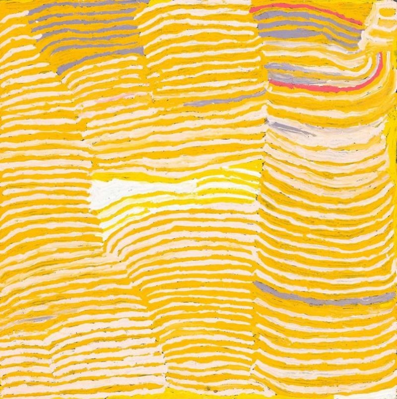 Untitled by Makinti Napanangka, 2003, depicting designs associated with the rockhole site of Lupulnga, synthetic polymer paint on linen, 91.5 × 91.5 cm.