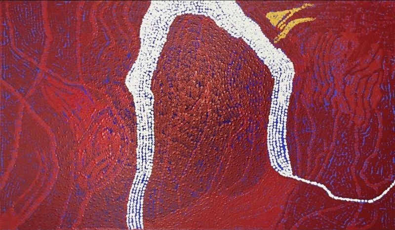 My Country (2012) by Tommy Watson, acrylic on Belgian linen featuring a sweeping white dotted pathway across deep crimson and violet colour fields representing the artist's ancestral Country.