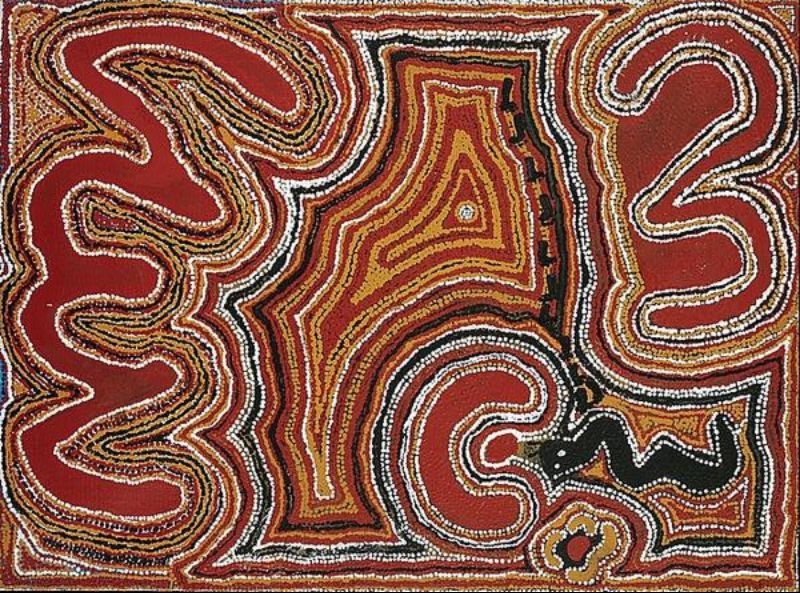 Tapinna–Jupiter Well Near Canning Stock Route (1989) by Elizabeth Nyumi, acrylic on linen depicting winding sandhills and ancestral Country near Jupiter Well in the Great Sandy Desert.