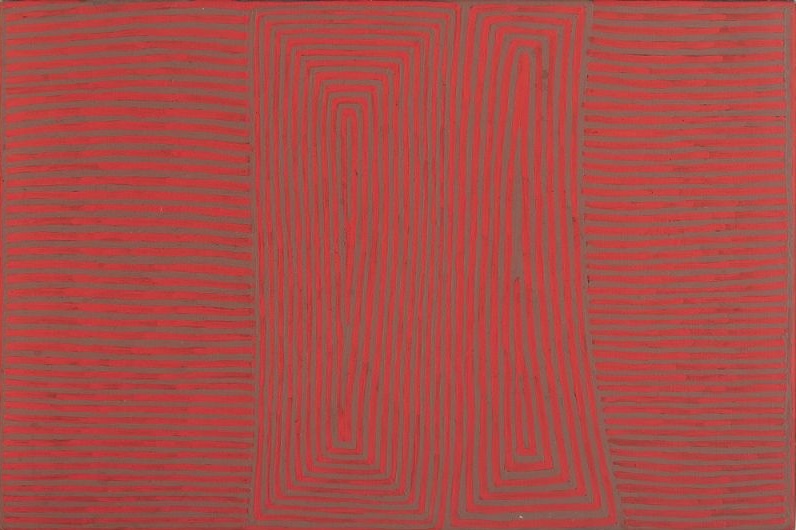 George Tjungurrayi Ngumulnga 1999 Papunya Tula painting with two tall red geometric Tingari forms on a dark grey background of fine parallel lines
