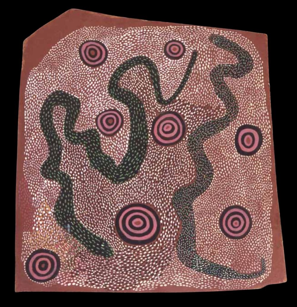 Early Papunya Board depicting Snake Dreaming at Lake Mackay, painted with acrylic on composition board, c. 1971–1972.