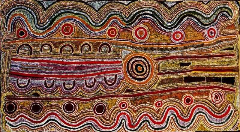 Untitled (c.1993) by Elizabeth Nyumi, synthetic polymer paint on canvas depicting rhythmic sandhills, rockholes and travelling lines in the Balgo style.