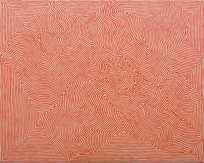 George Tjungurrayi Untitled 2006 Papunya Tula painting with fine red parallel lines forming interconnected geometric Tingari sites on a pale cream background