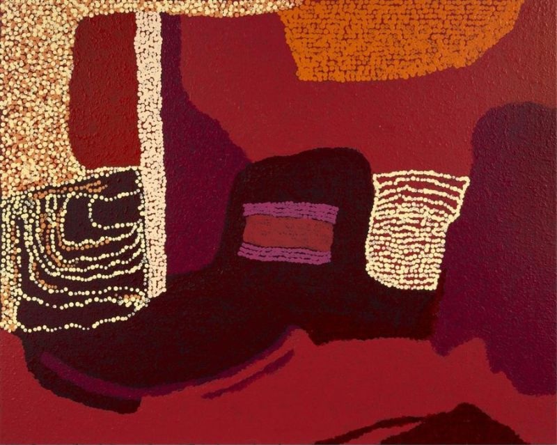 Untitled (2015) by Tommy Watson, synthetic polymer paint on linen with deep burgundy and crimson colour fields accented by white, ochre and violet dotted forms representing ancestral Country.