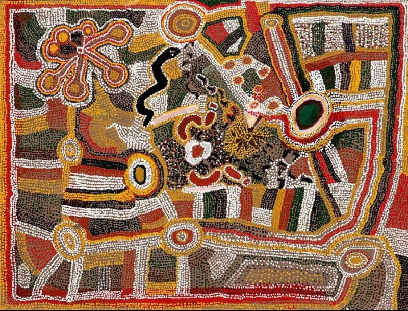 Artist's Mother's Country (1991) by Elizabeth Nyumi, synthetic polymer paint on linen depicting an ancestral law woman's journey through interconnected ceremonial sites and rockholes.