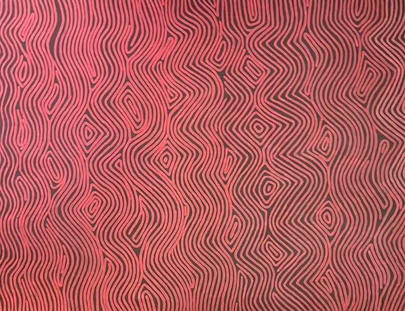 Tingari, Wilkinkarra (Lake Mackay) by Warlimpirrnga Tjapaltjarri, 2001. A large vertical painting in vivid coral pink, salmon and deep charcoal. Thick black parallel lines ripple from top to bottom across the canvas, weaving around elongated diamond and oval shapes. The bold contrast between the warm pink background and the dark flowing lines creates a striking optical effect, like shifting desert dunes or heat haze seen from above.