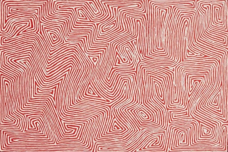 George Tjungurrayi Untitled 2010 painting with fine red parallel lines forming interconnected geometric Tingari sites on a pale cream background