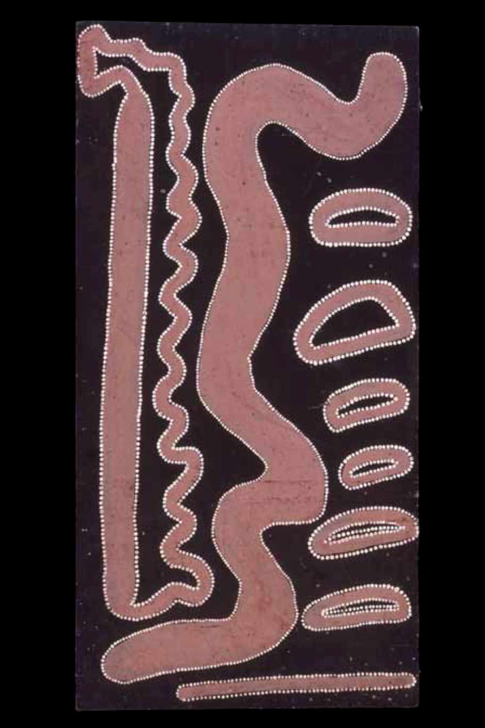 Early Papunya Board depicting Snake Dreaming at Lake Macdonald by Nosepeg Tjupurrurla, painted with acrylic on composition board, c. 1971–1972.