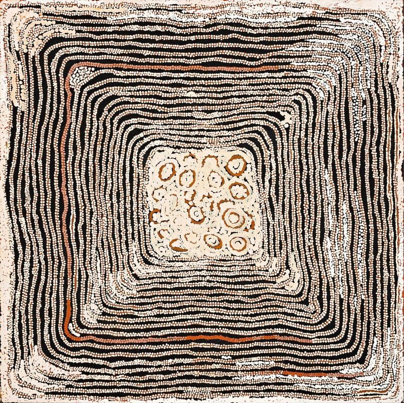 Naata Nungurrayi painting Untitled (2002), featuring concentric square bands of black and white dotting surrounding a central cluster of circular motifs in a striking minimalist Western Desert composition.