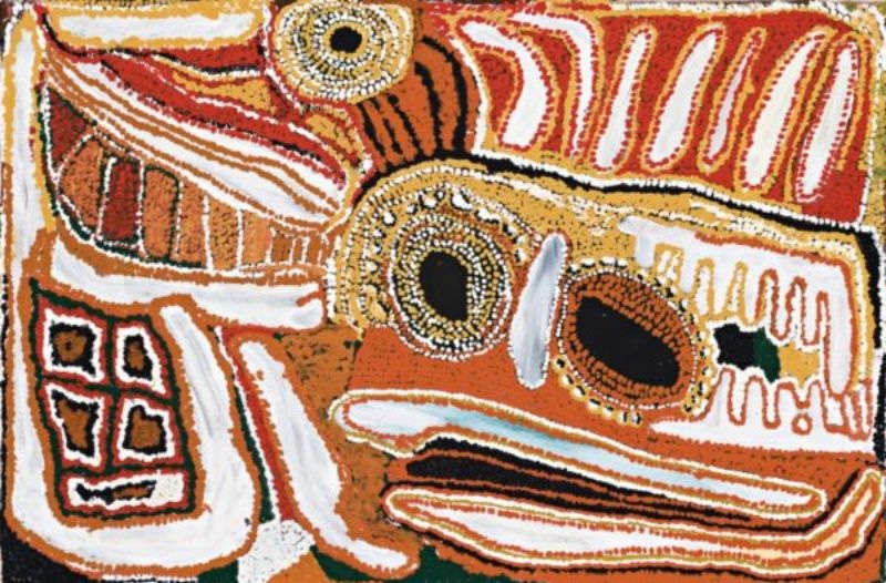 Djindatba on the Canning Stock Route by Eubena Nampitjin, 1995 acrylic painting from Balgo, Western Australia.