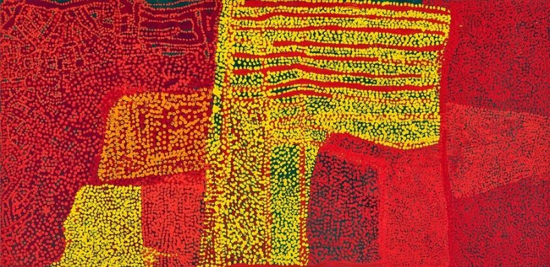 Untitled (2004) by Tommy Watson, synthetic polymer paint on canvas with luminous fields of crimson, red, yellow and green articulated through dense rhythmic dotting and layered abstract forms