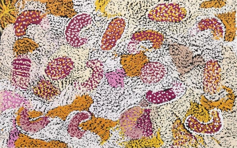 Parwalla (2008) by Elizabeth Nyumi, synthetic polymer paint on linen in white, cream, pale ochre, yellow, gold, orange, rust, red, burgundy, brown, black and grey depicting the sandhills, spinifex and bush food Country of Parwalla in the Great Sandy Desert.