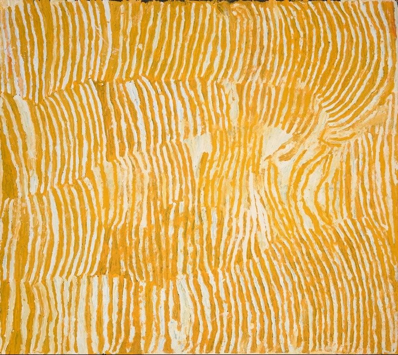 Designs Associated with the Rockhole Site of Lupulnga by Makinti Napanangka, 2004, synthetic polymer paint on linen, 137 × 122 cm.