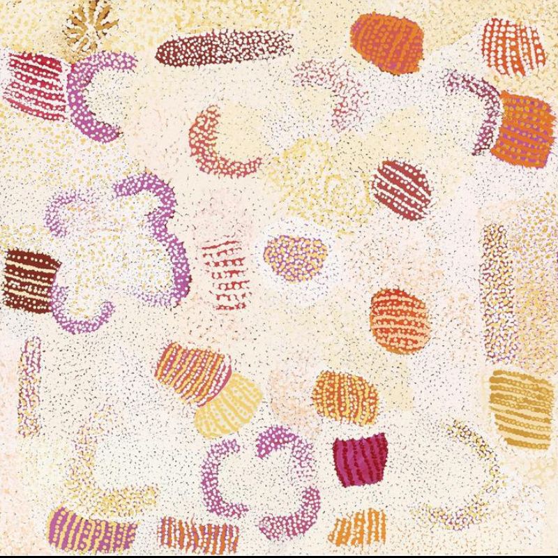 Parwalla (2002) by Elizabeth Nyumi, synthetic polymer paint on canvas in white, cream, pale ochre, lavender, mauve, pink, orange, red, burgundy and yellow depicting the sandhills, spinifex and bush food Country of Parwalla in the Great Sandy Desert.